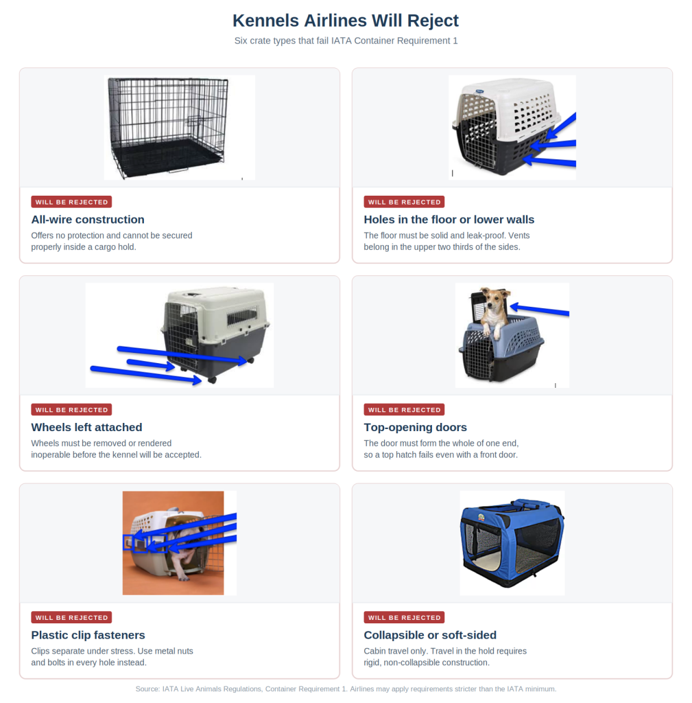Six pet kennel types airlines reject for cargo travel, including wire crates, wheels, and top-opening doors