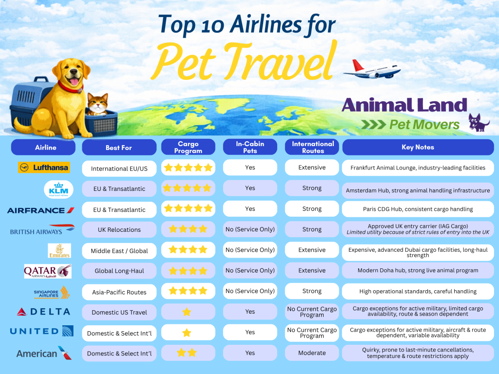 Infographic showing information/ratings on top airlines for international and domestic pet travel