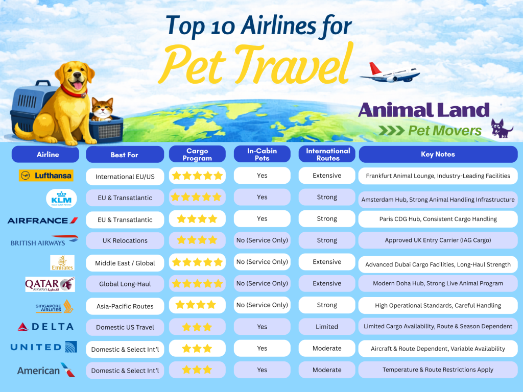 Comparison of the top 10 best airlines for pet travel, including cargo program ratings, in-cabin pet policies, international routes, and key notes