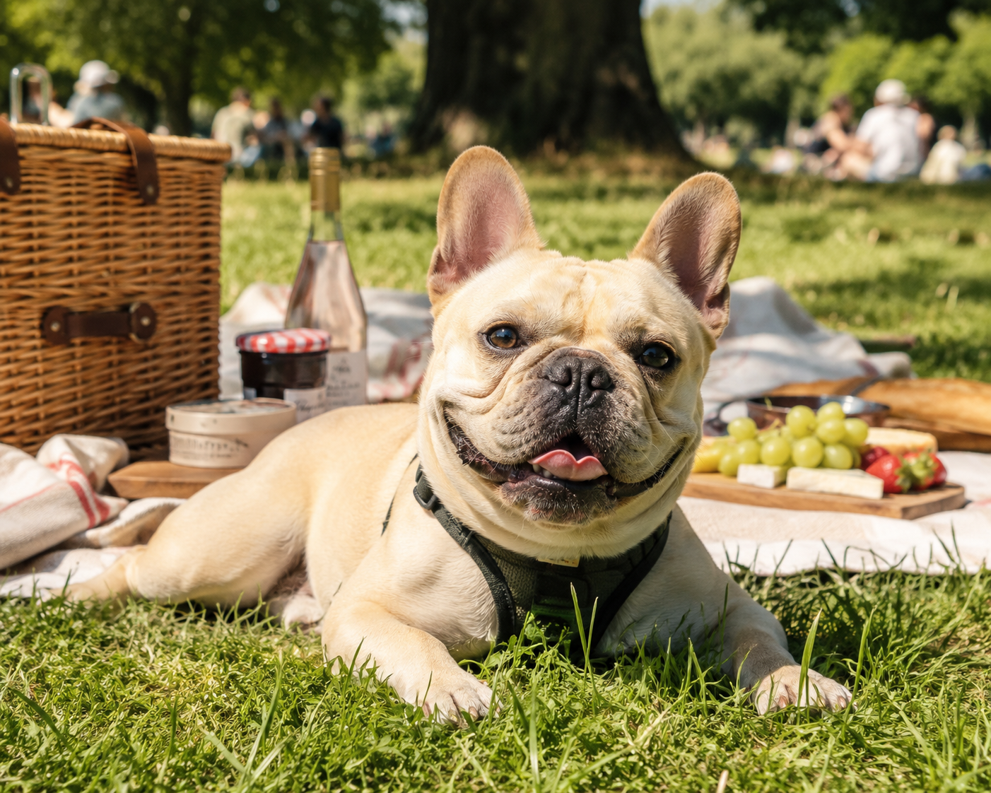A fawn French Bulldog, a brachycephalic snub-nosed breed, lying on the grass at a park picnic