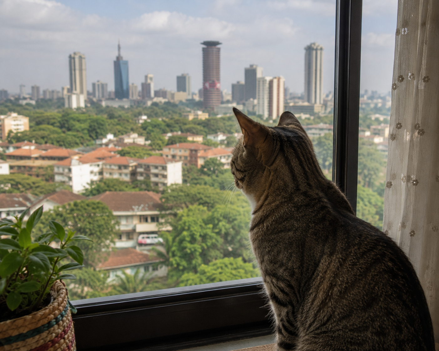 A tabby cat looking out a high-rise window over the Nairobi skyline in Kenya