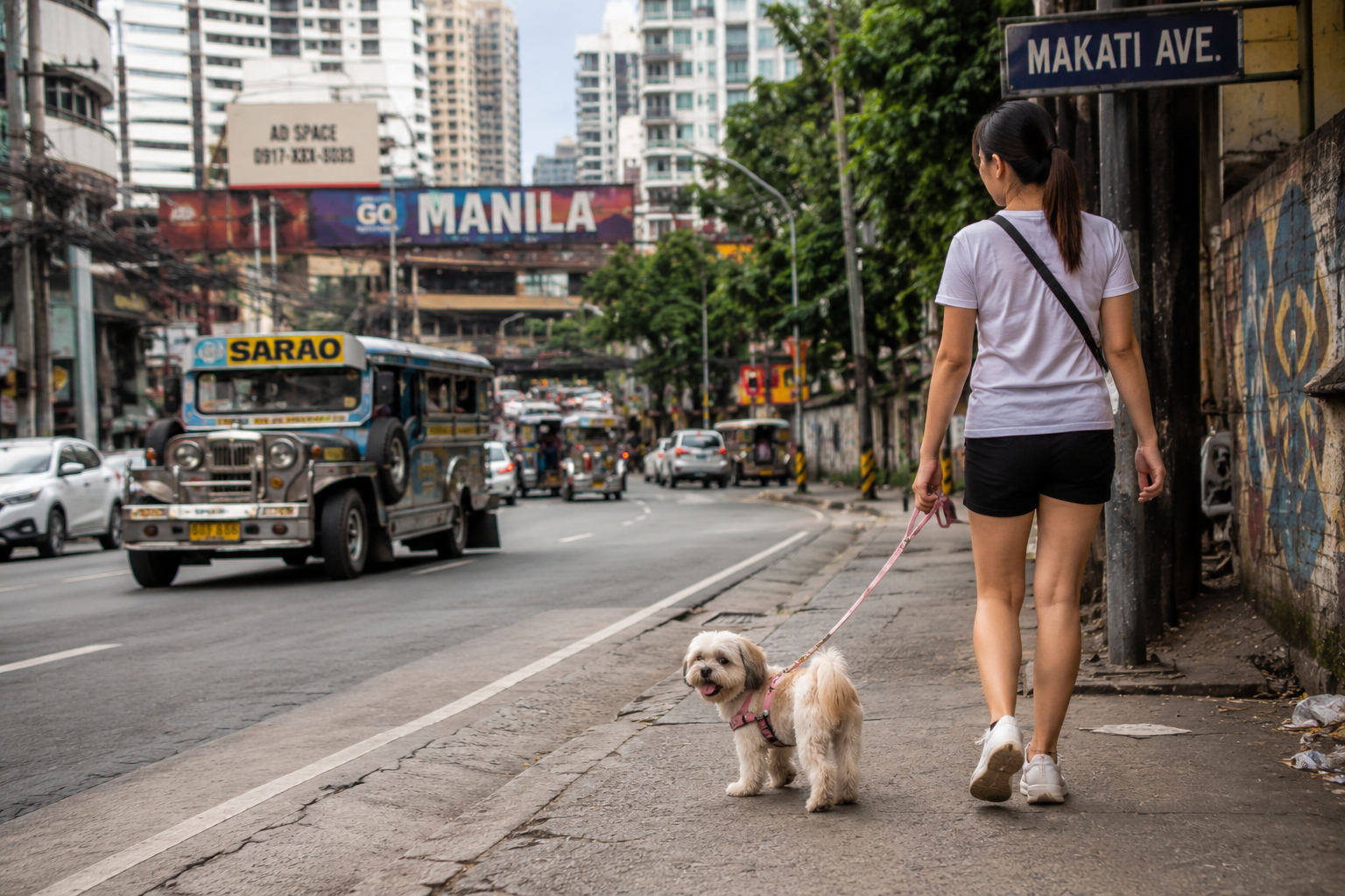 A woman walks a small dog on Makati Avenue in Manila, Philippines, with a jeepney and city skyline in the background