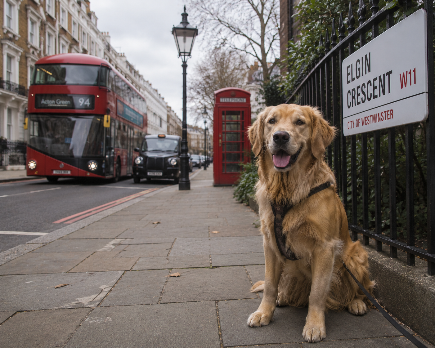 Golden retriever on a London street — moving pets to the United Kingdom