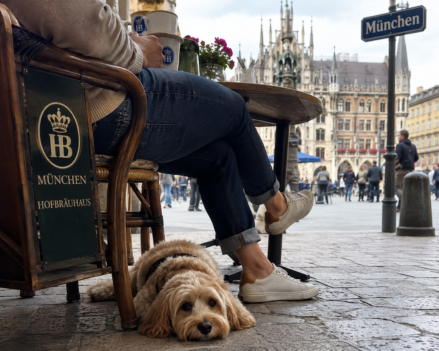 A dog resting under a cafe table at Marienplatz in Munich, Germany, with a Munchen street sign and the New Town Hall behind