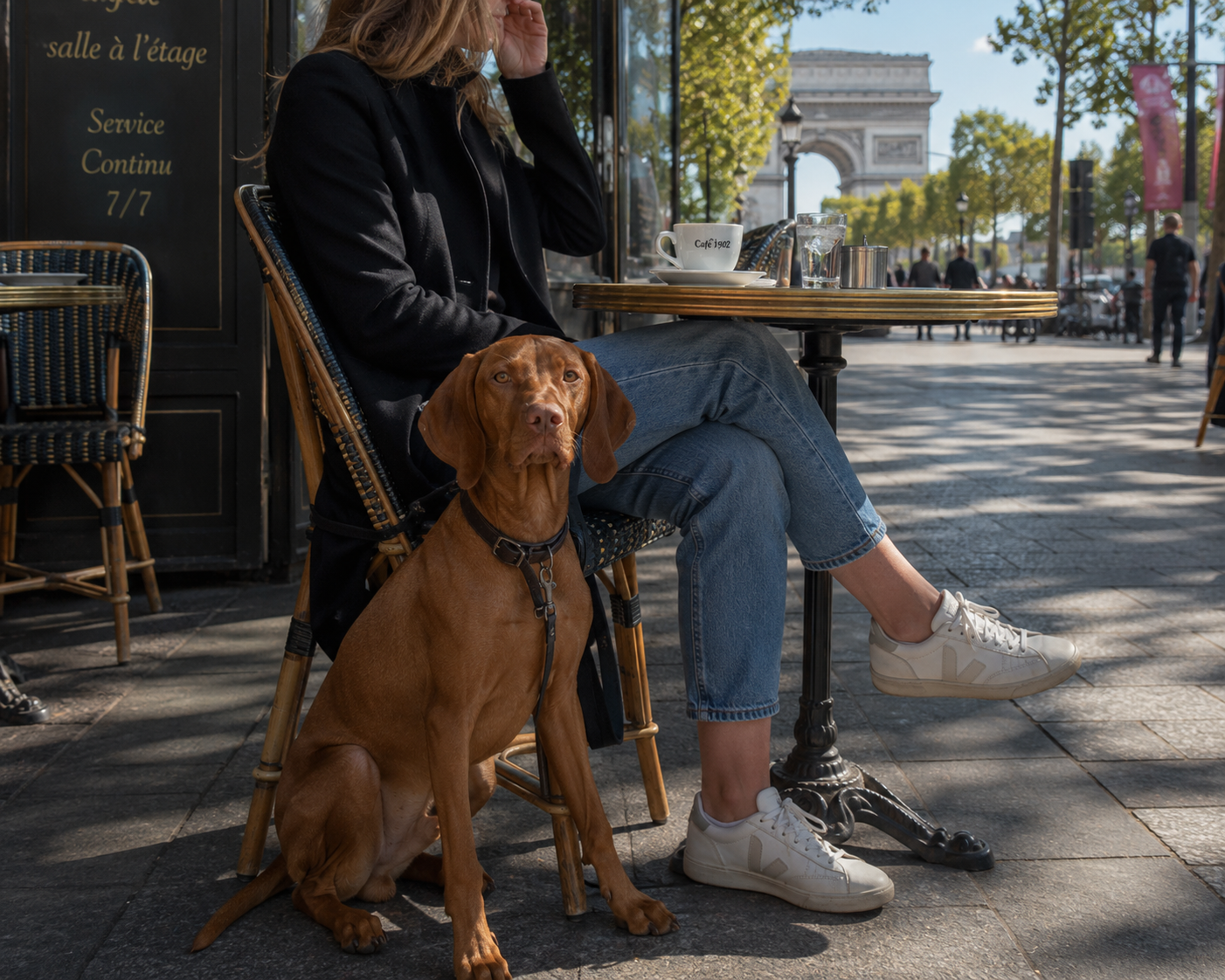 A Vizsla sitting beside its owner at a Paris cafe table with the Arc de Triomphe in the background